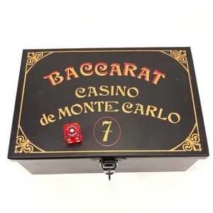Vtg Baccarat Casino de Monte Carlo 7 Tin Box Black Gold Handles & Lock Souvenir